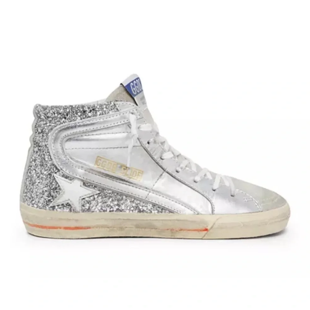 New Size 36 Golden Goose Slide Glitter High Top Sneakers Silver Ice White